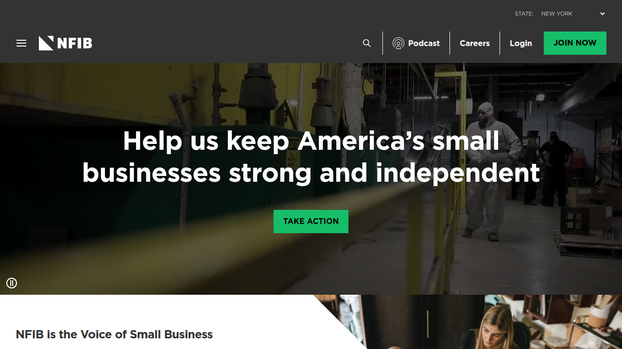 A screenshot of the National Federation of Independent Business (NFIB) homepage, referencing their insights on small business challenges.