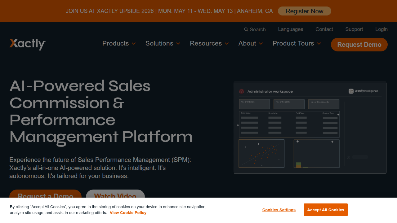 A screenshot of Xactly Corporation's homepage, a platform providing insights on sales performance and compensation benchmarking.