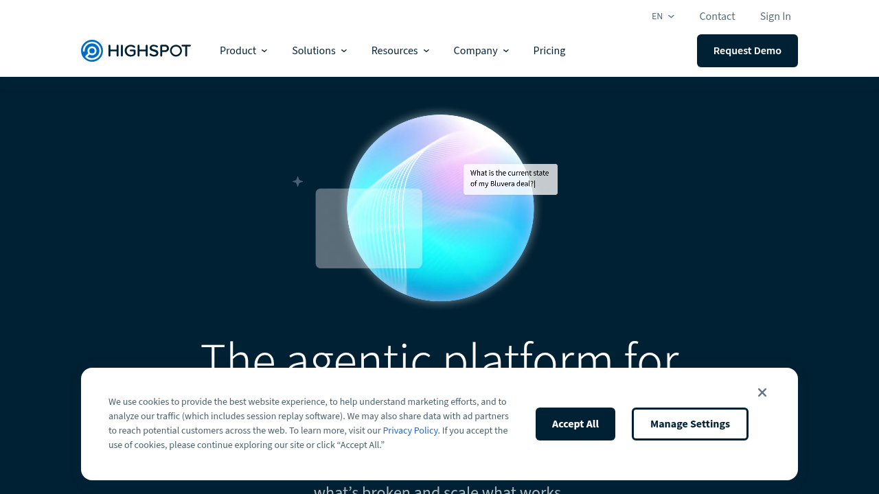 A screenshot of the Highspot homepage, a sales enablement platform offering insights into core sales competencies and value communication.