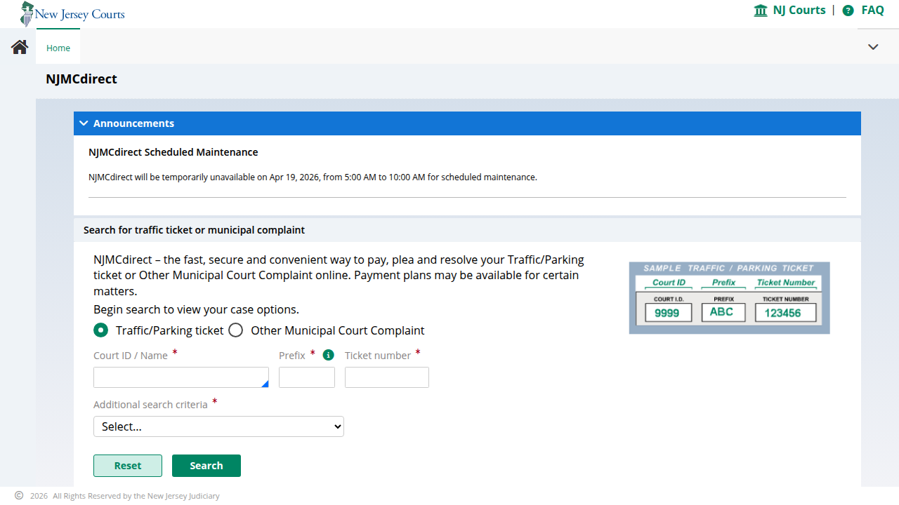 The official homepage of NJMCDirect.com, the primary online portal for New Jersey residents to pay traffic and parking tickets.
