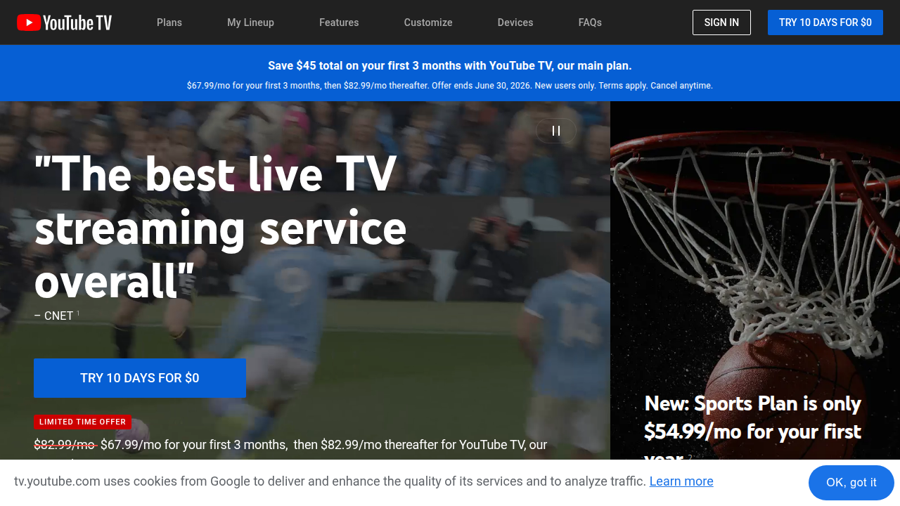 A screenshot of the YouTube TV homepage, one of the primary providers for NFL Sunday Ticket in 2026.