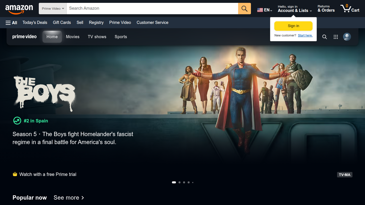 A screenshot of the Amazon Prime Video homepage, highlighting another major platform for NFL Sunday Ticket.