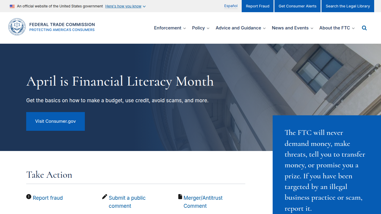 A screenshot of the Federal Trade Commission website, a key resource for consumer protection against scams and fraud.