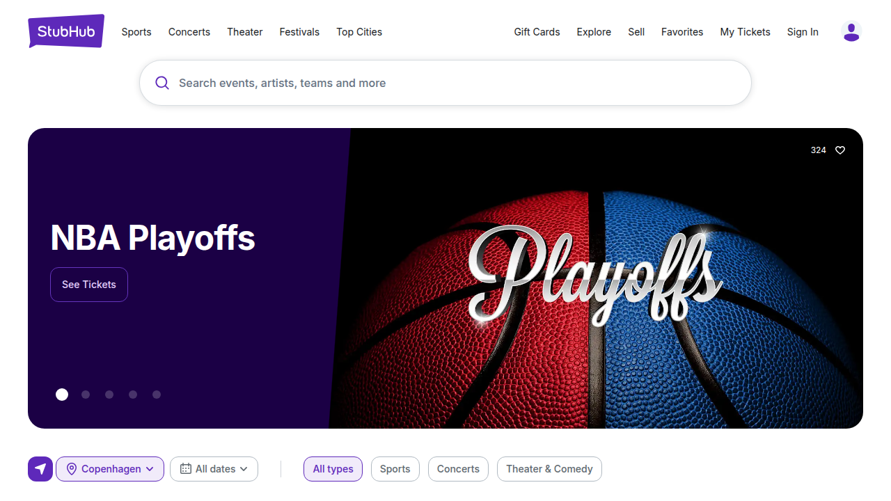 The homepage for StubHub, a leading online ticket exchange for buying and selling tickets to live events.