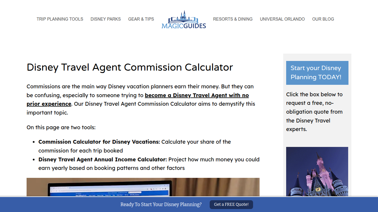 A screenshot of the Magic Guides website, a resource offering insights into Disney travel agent commission structures and earning potential.