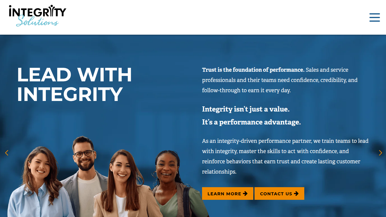 The homepage of Integrity Solutions, a company known for sales training and development, representing resources for legitimate sales education.