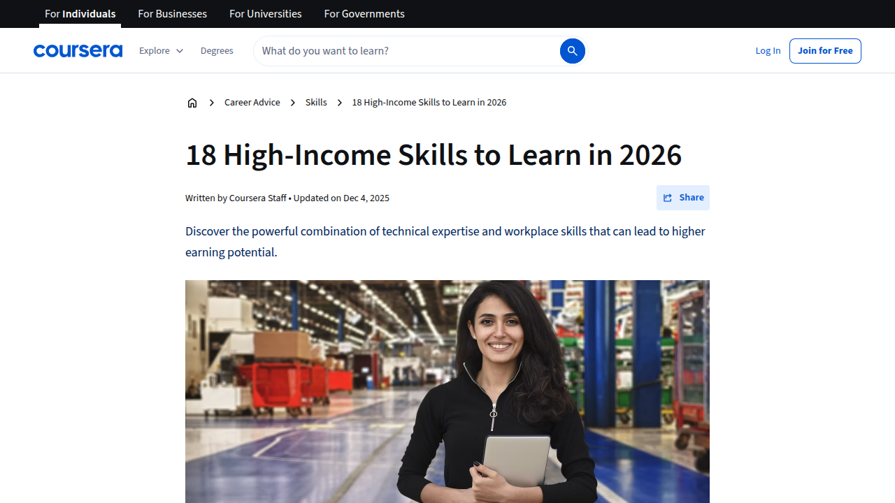 A screenshot of Coursera.org, showcasing articles or courses related to high-income skills relevant for aspiring high-ticket sales professionals.