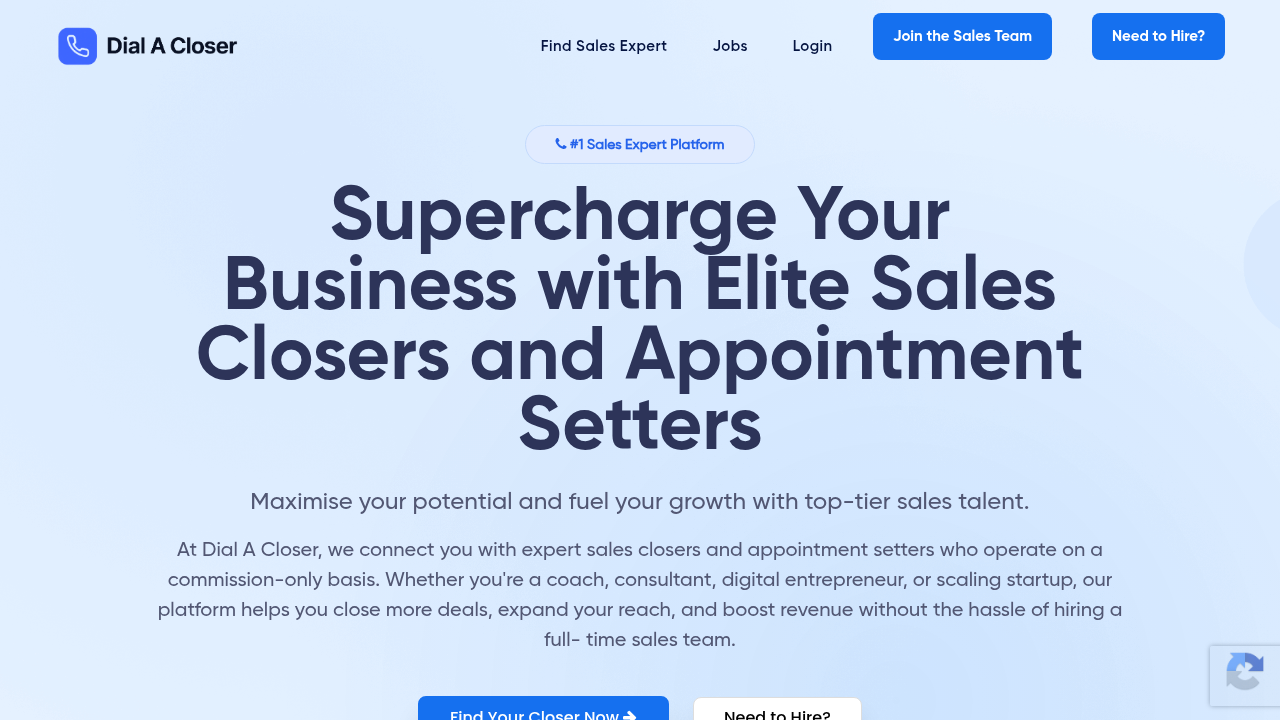A screenshot of the Dial a Closer website, a specialized platform for finding high-quality remote high-ticket sales job opportunities.