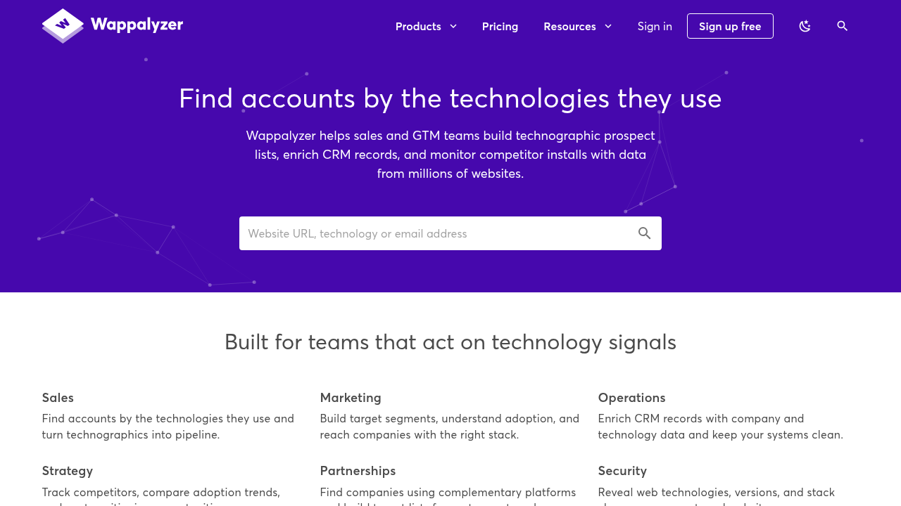 A screenshot of the Wappalyzer website, a tool mentioned for instantly identifying the technology stack of a website.