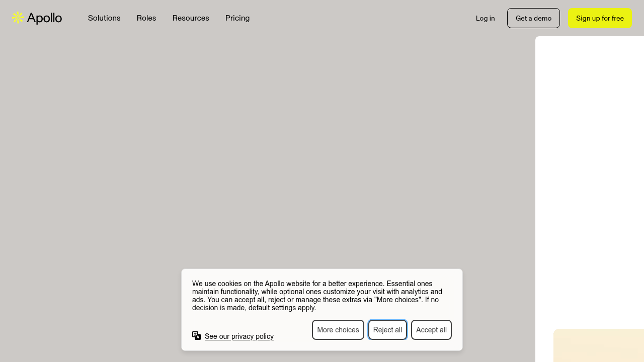 A screenshot of the Apollo.io homepage, a platform offering sales intelligence and engagement tools, cited for commission rate data.