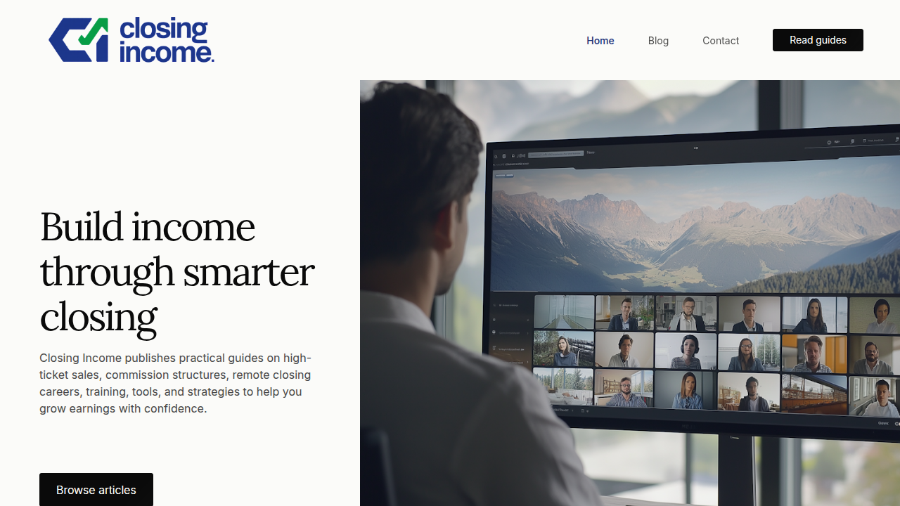A screenshot of the Closing Income homepage, a resource for high-ticket sales professionals, offering guides and career advice.