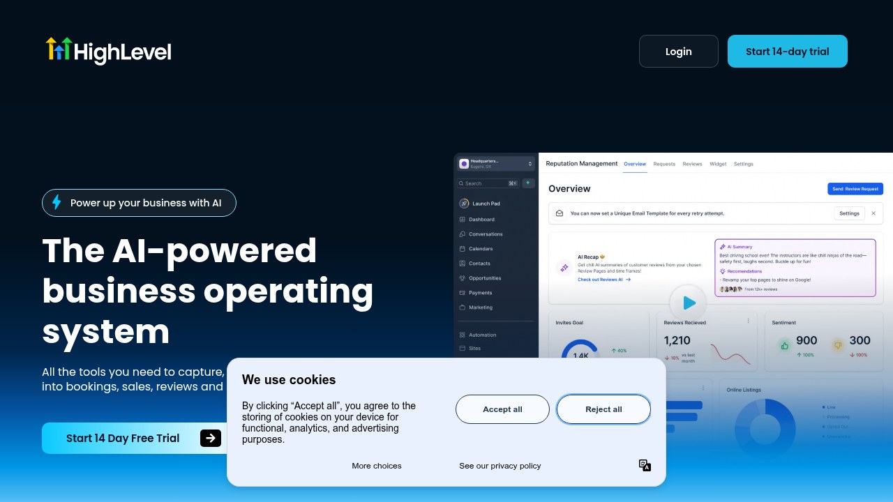 A screenshot of the Go High Level CRM dashboard, showcasing its all-in-one capabilities for customer management, marketing automation, and lead scoring features.