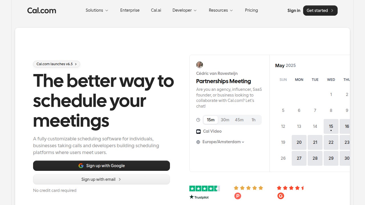 A screenshot of Cal.com's user interface, demonstrating its streamlined process for prospects to book meetings directly, syncing automatically with the user's calendar.