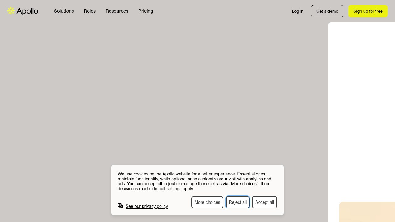 A screenshot of the Apollo.io platform, illustrating its extensive B2B contact database, engagement features, and intent data for targeted lead generation.