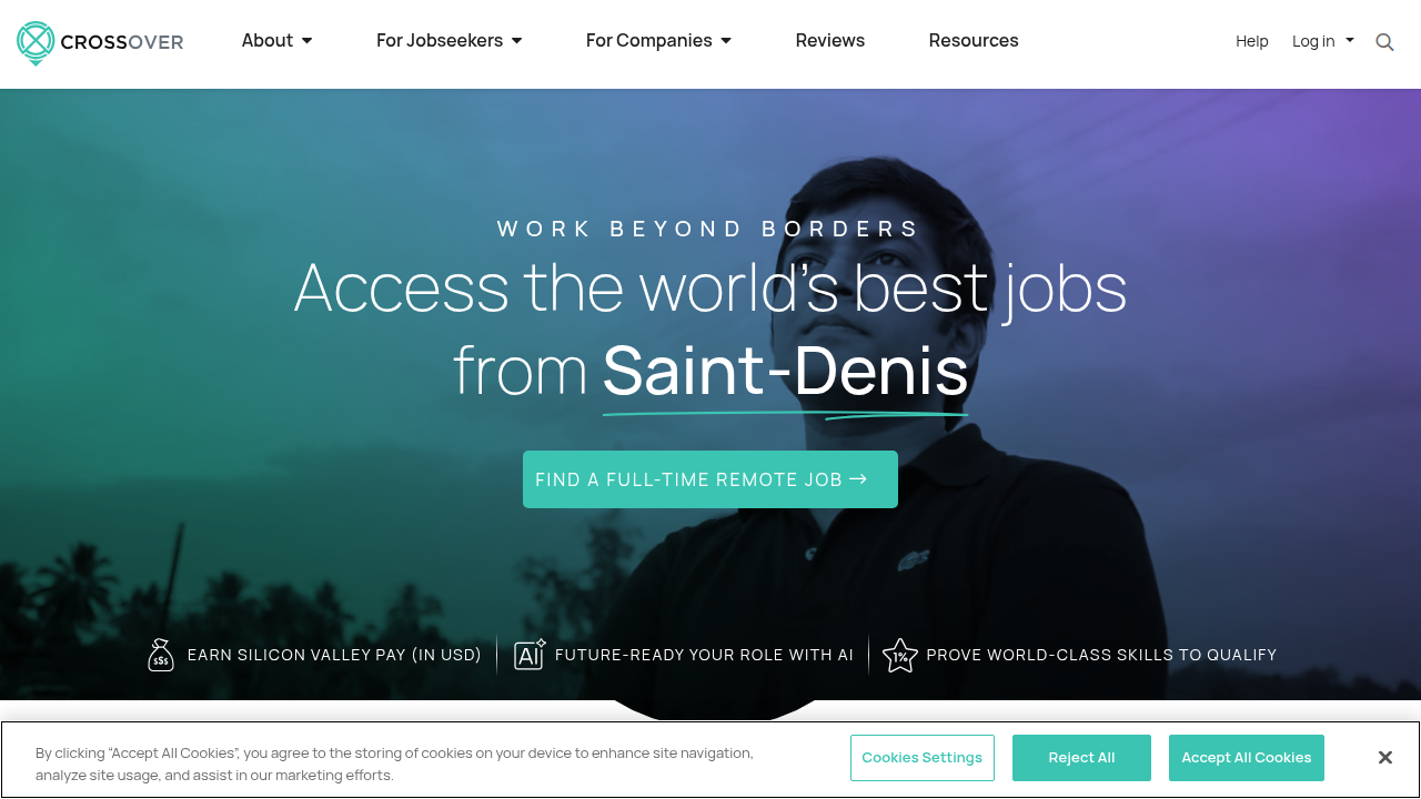 The homepage of Crossover, an elite talent marketplace connecting experienced sales professionals with high-paying remote roles.